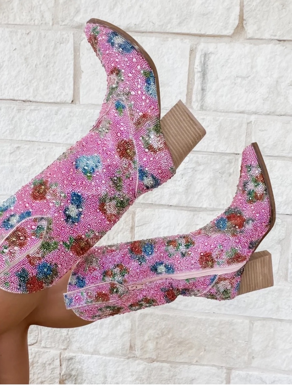 Beast Fashion Pink rhinestone floral cowgirl boots
